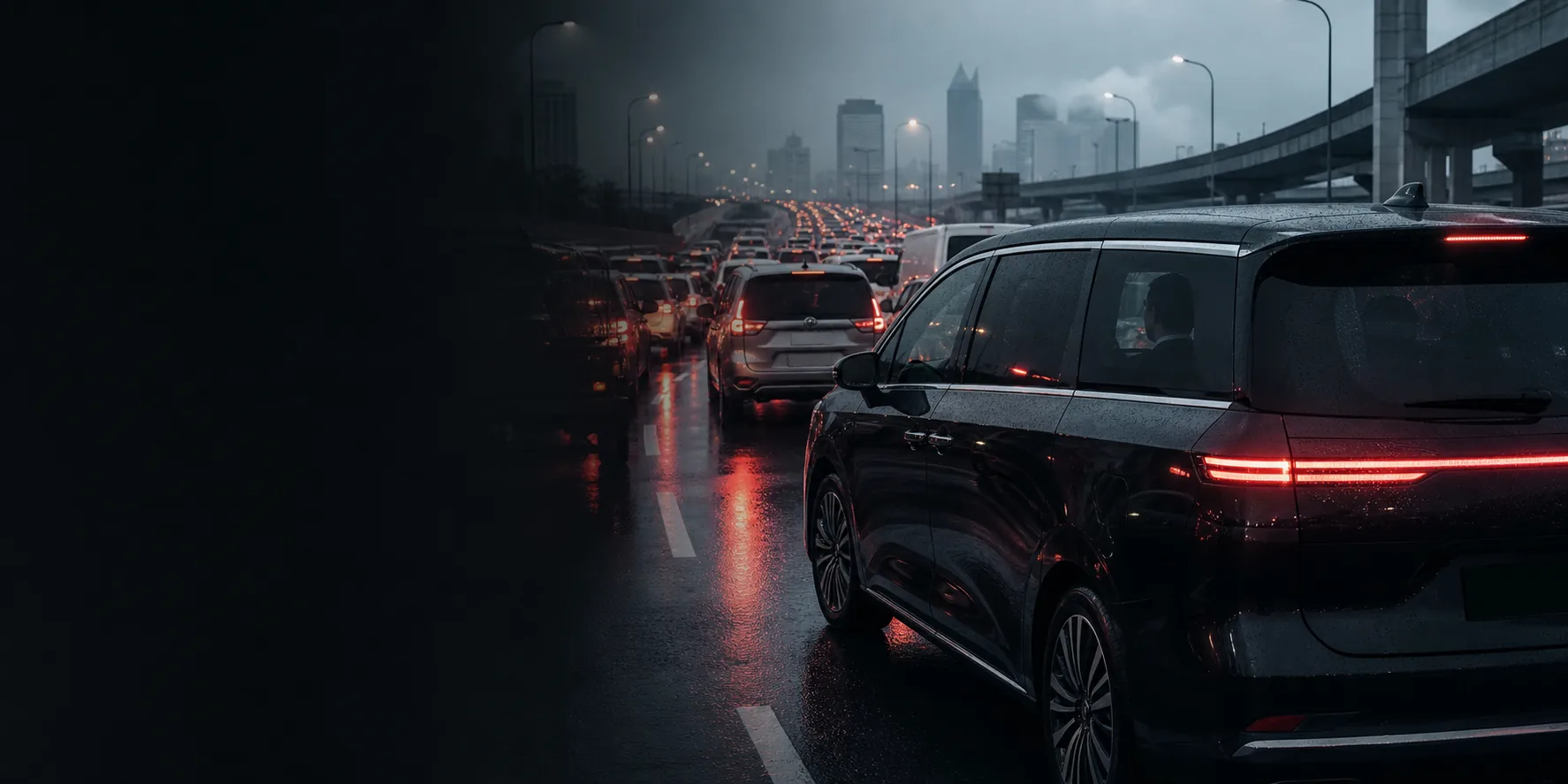 A dark electric vehicle caught in rain-soaked Jakarta toll-road traffic