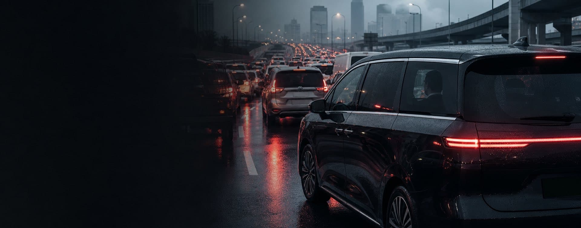 Electric vehicles in Jakarta traffic on a rainy evening