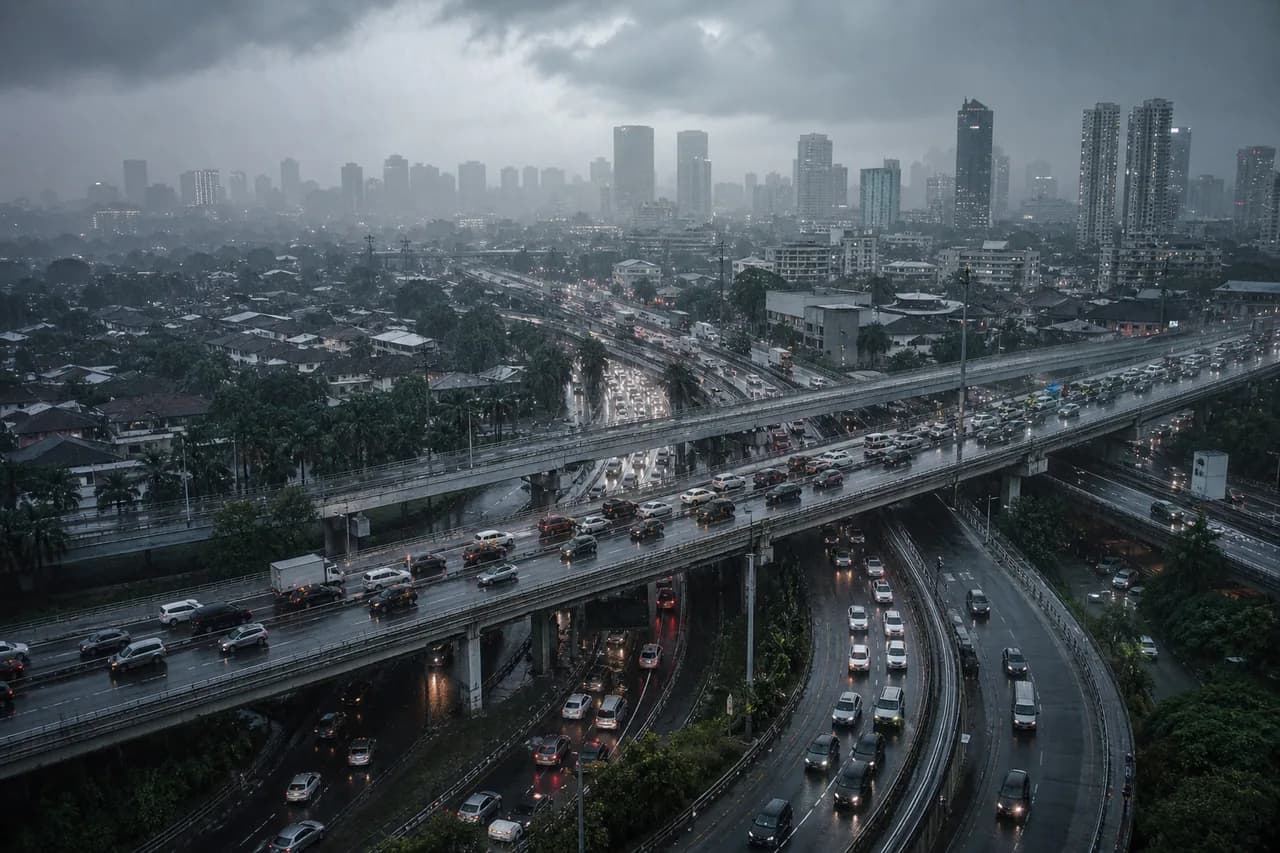 Layered Jakarta toll roads slowing beneath a tropical rainstorm