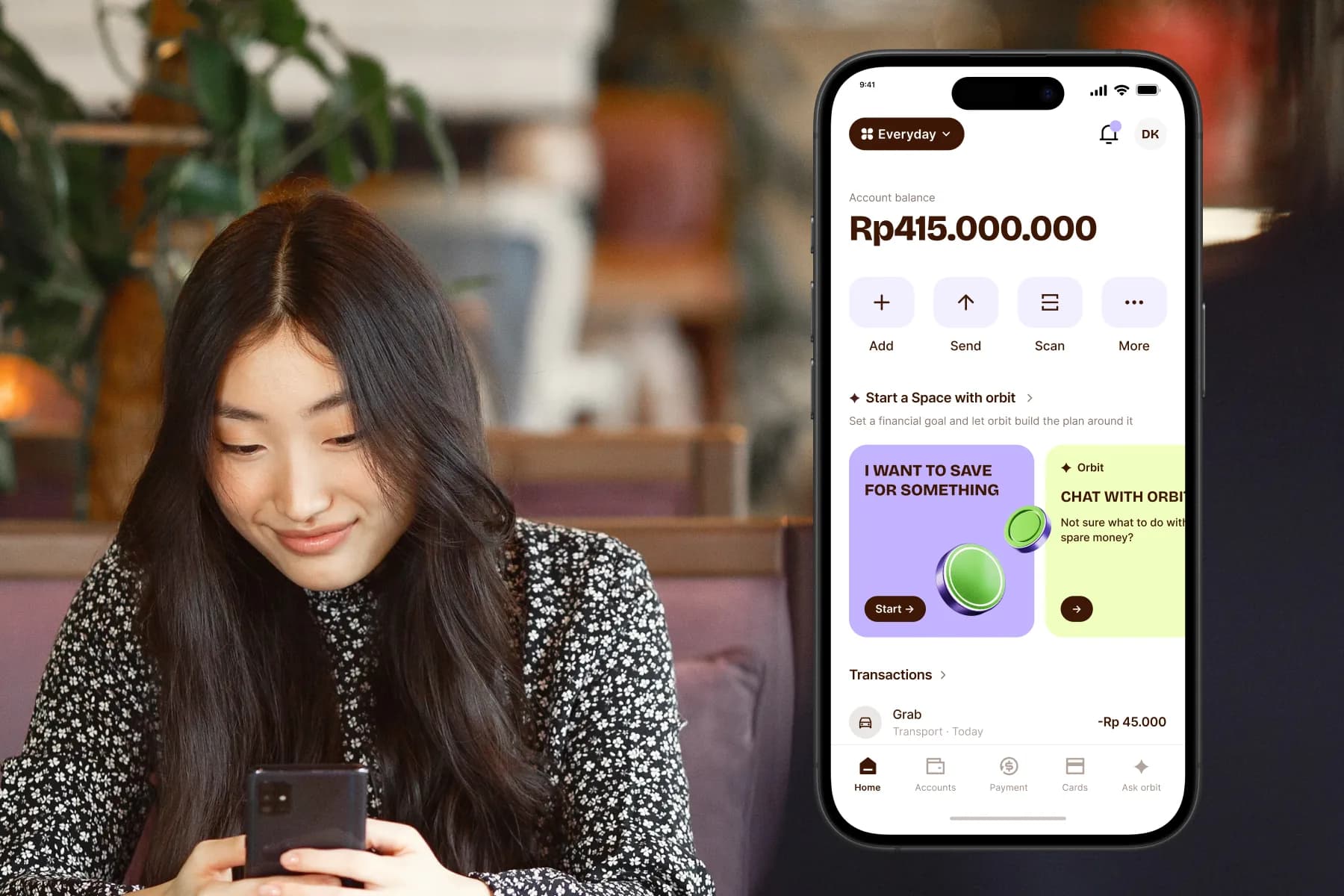 A woman using a banking app, beside the app's home screen and trip spending cards